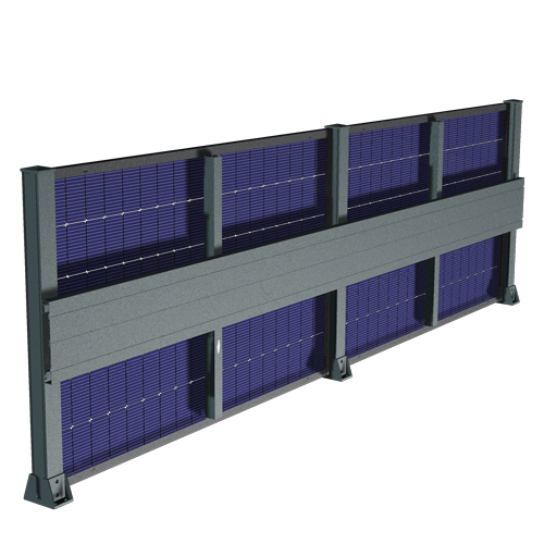 Structure de clôture solaire verticale avec panneaux photovoltaïques bifaciaux captant la lumière de chaque côté pour une rentabilité optimisée