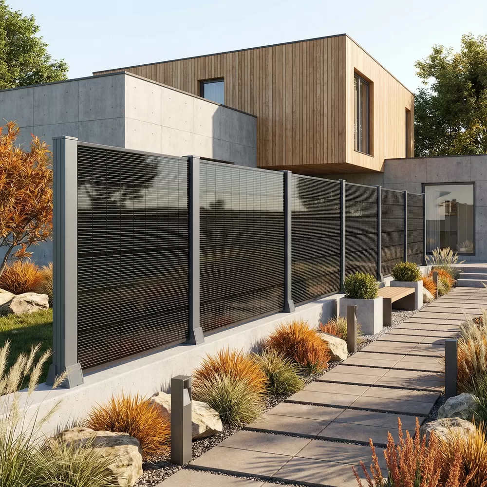 Clôture photovoltaïque verticale avec structure en aluminium renforcé et sans câble apparent installée le long d'une allée de maison moderne
