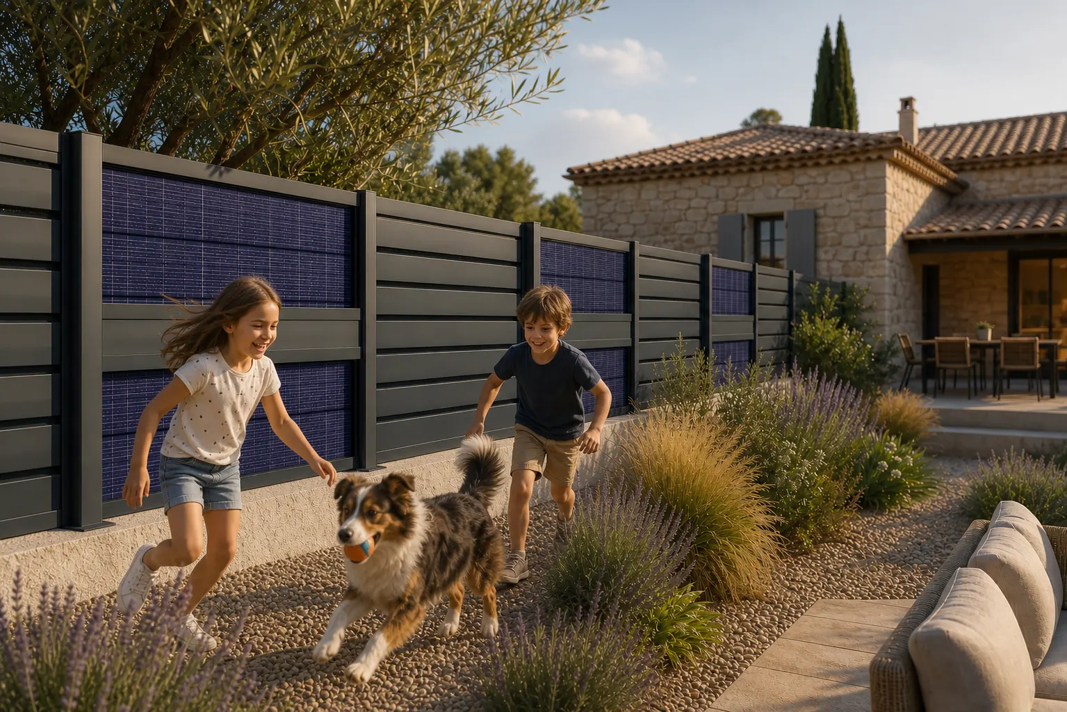 Enfants et chien jouant en toute sécurité devant une clôture solaire basse tension dans un jardin