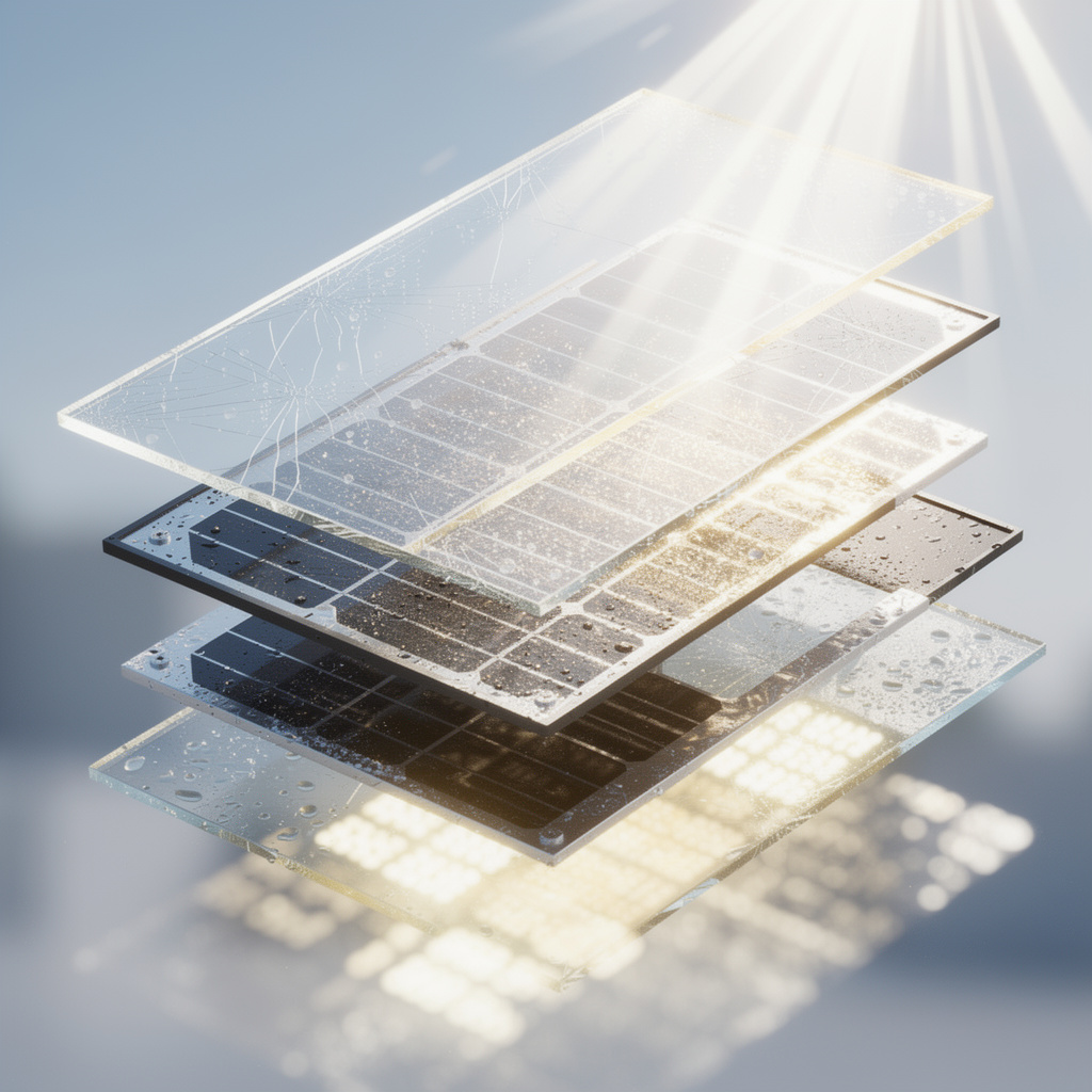 Illustration de la technologie solaire bifaciale, permettant au panneau de capter la lumière directe à l'avant et la lumière diffuse à l'arrière pour un rendement énergétique optimisé.